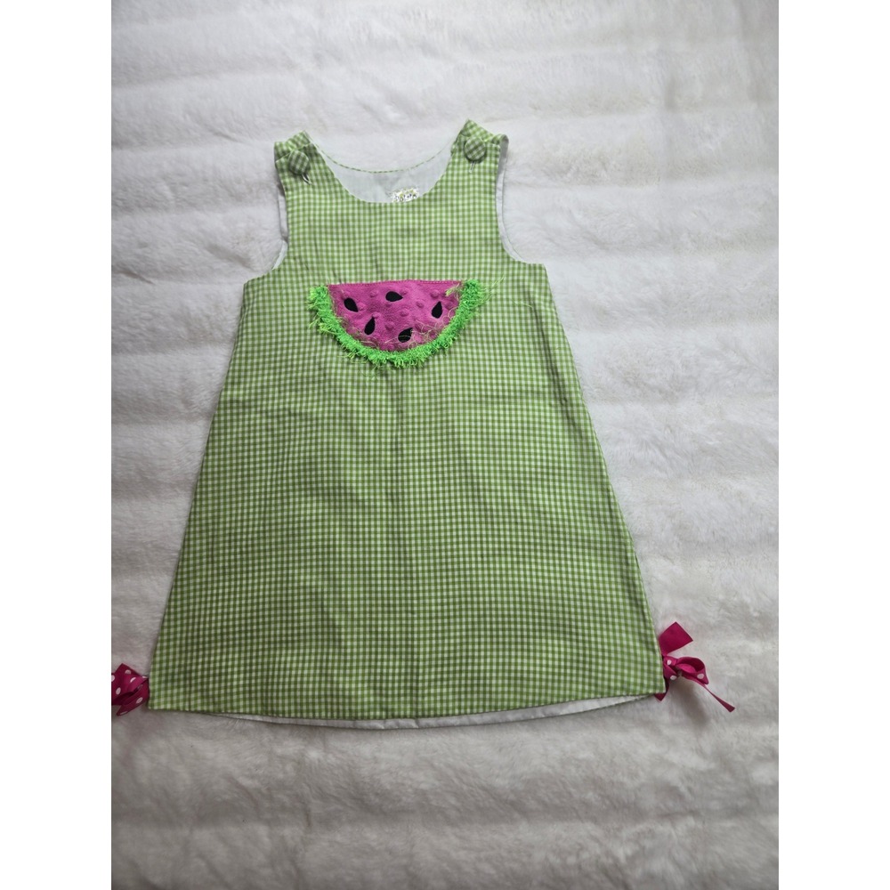 Potato Saks Girls Green Gingham Watermelon Applique Jumper Dress Size 5 USA